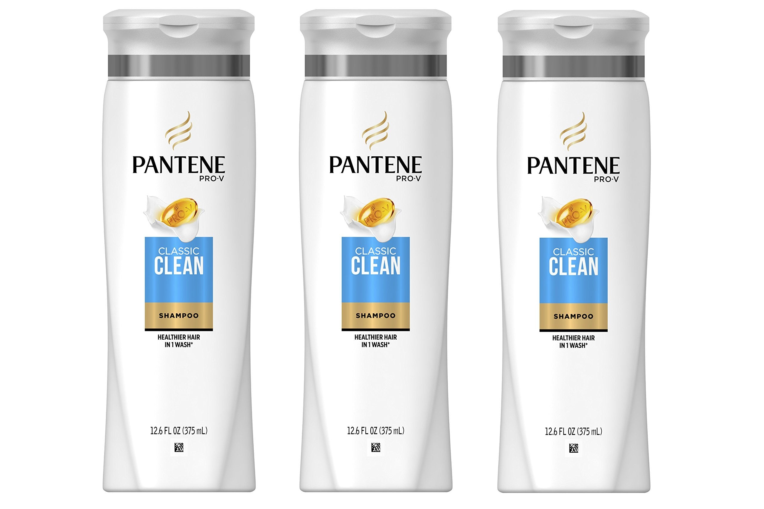 Pantene Pro-V Classic Clean shampoo bottle in a three-pack for daily use.