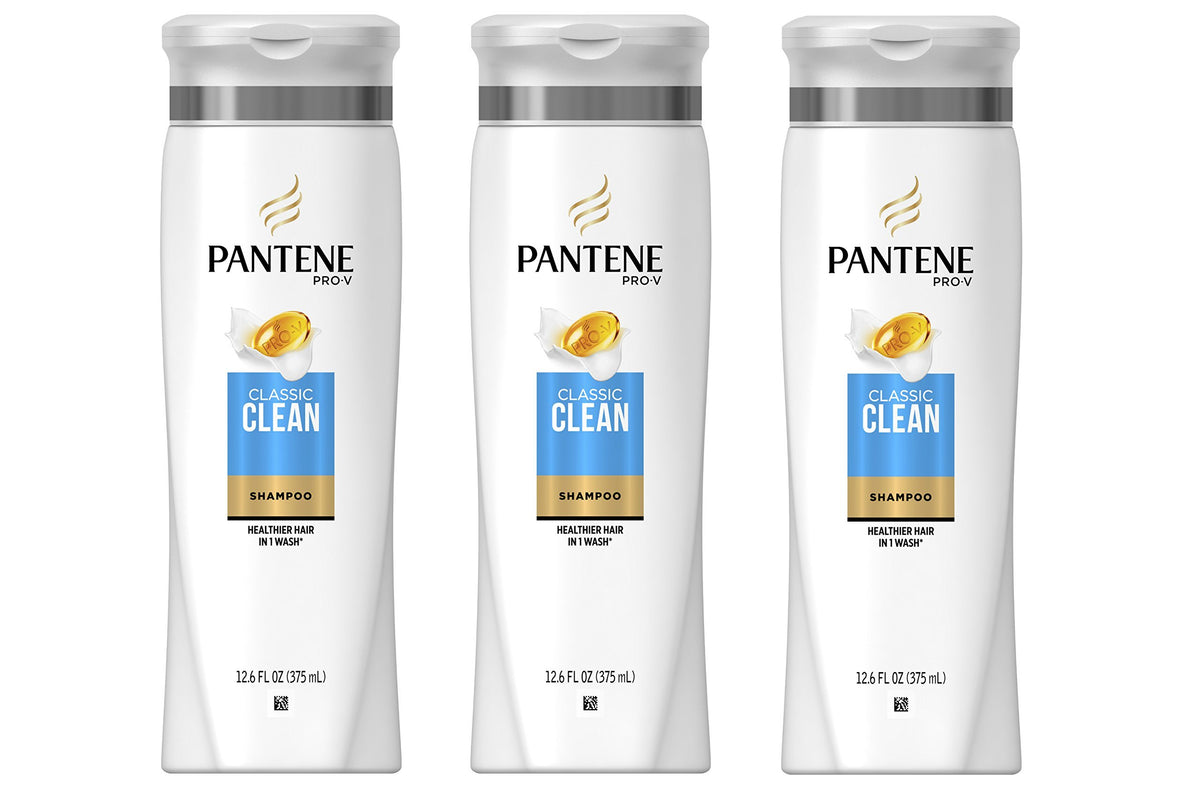 Pantene Pro-V Classic Clean shampoo bottle in a three-pack for daily use.