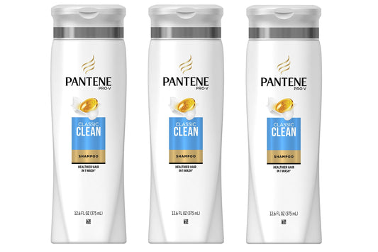 Pantene Pro-V Classic Clean shampoo bottle in a three-pack for daily use.