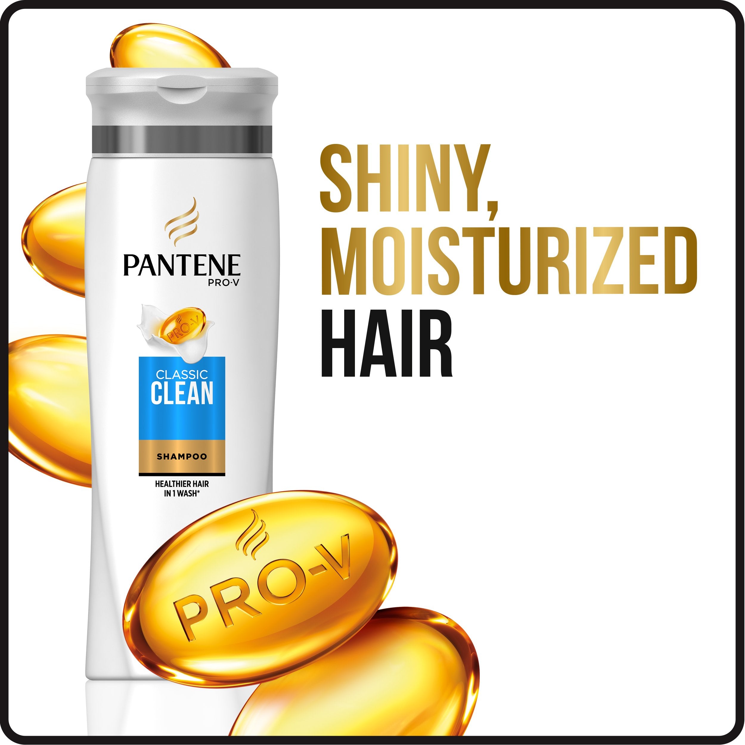 Pantene Pro-V Classic Clean shampoo on hair after use showing shine.