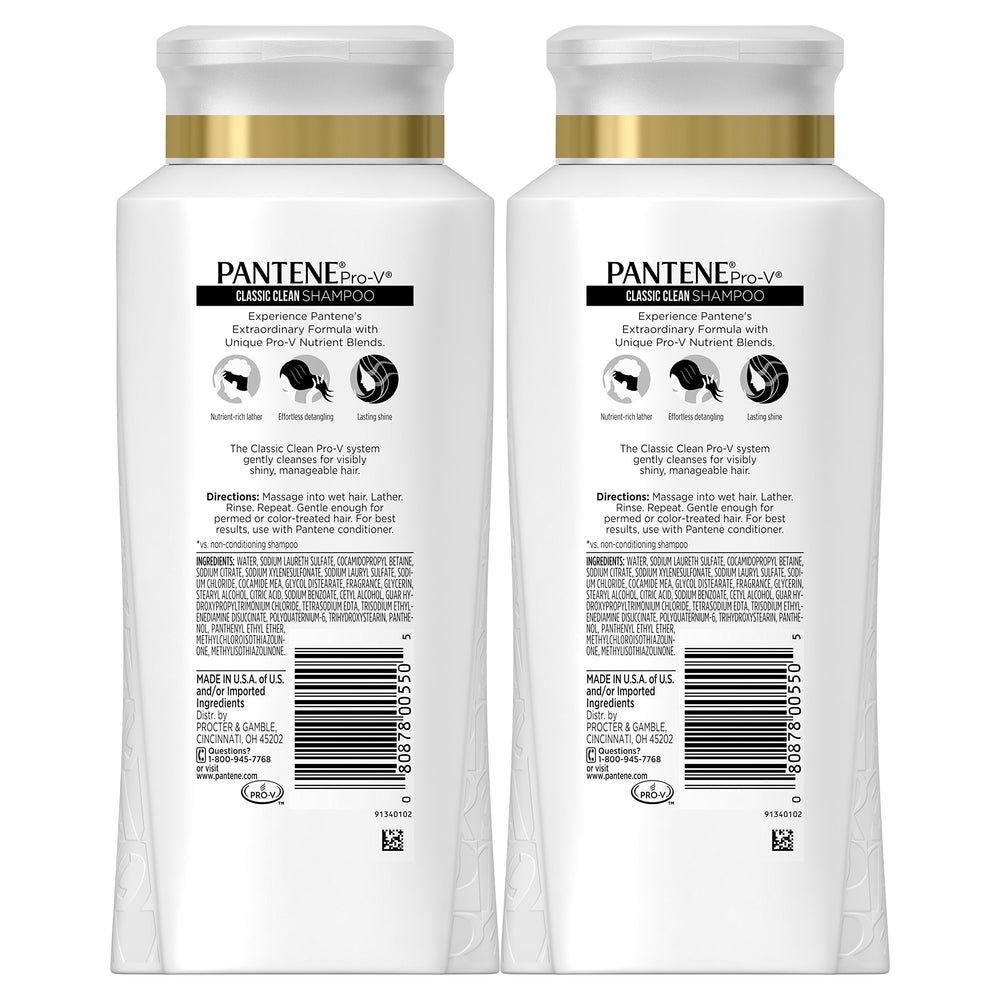 Pantene Pro-V Classic Clean twin-pack back label with usage information.