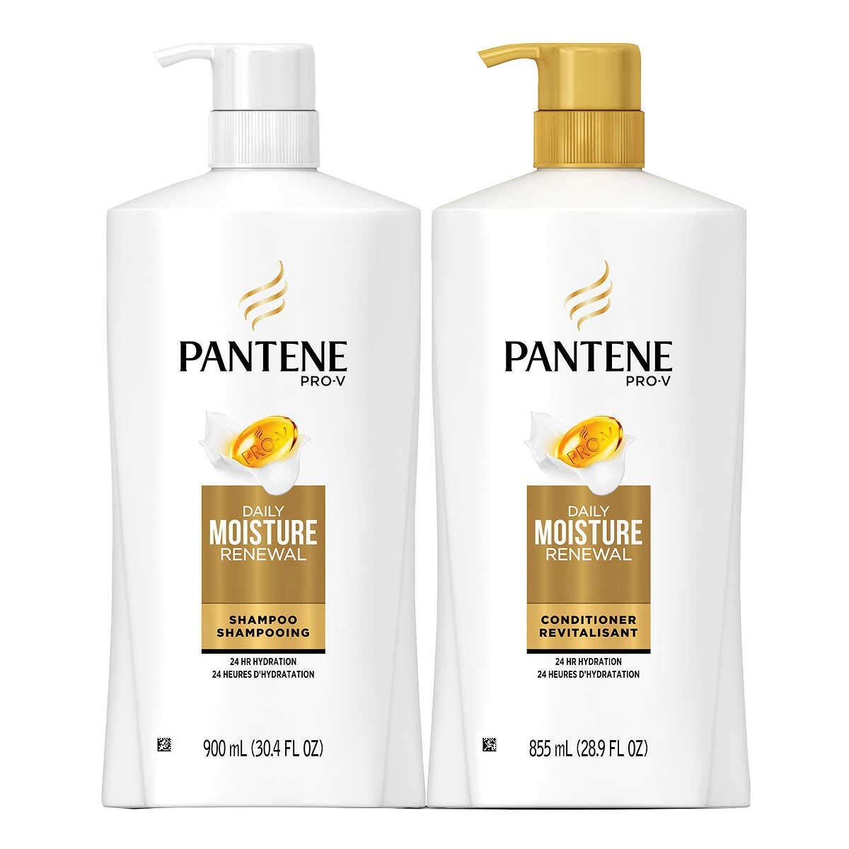 Pantene Pro-V Daily Moisture Renewal shampoo and conditioner set for hydrated, smooth hair.