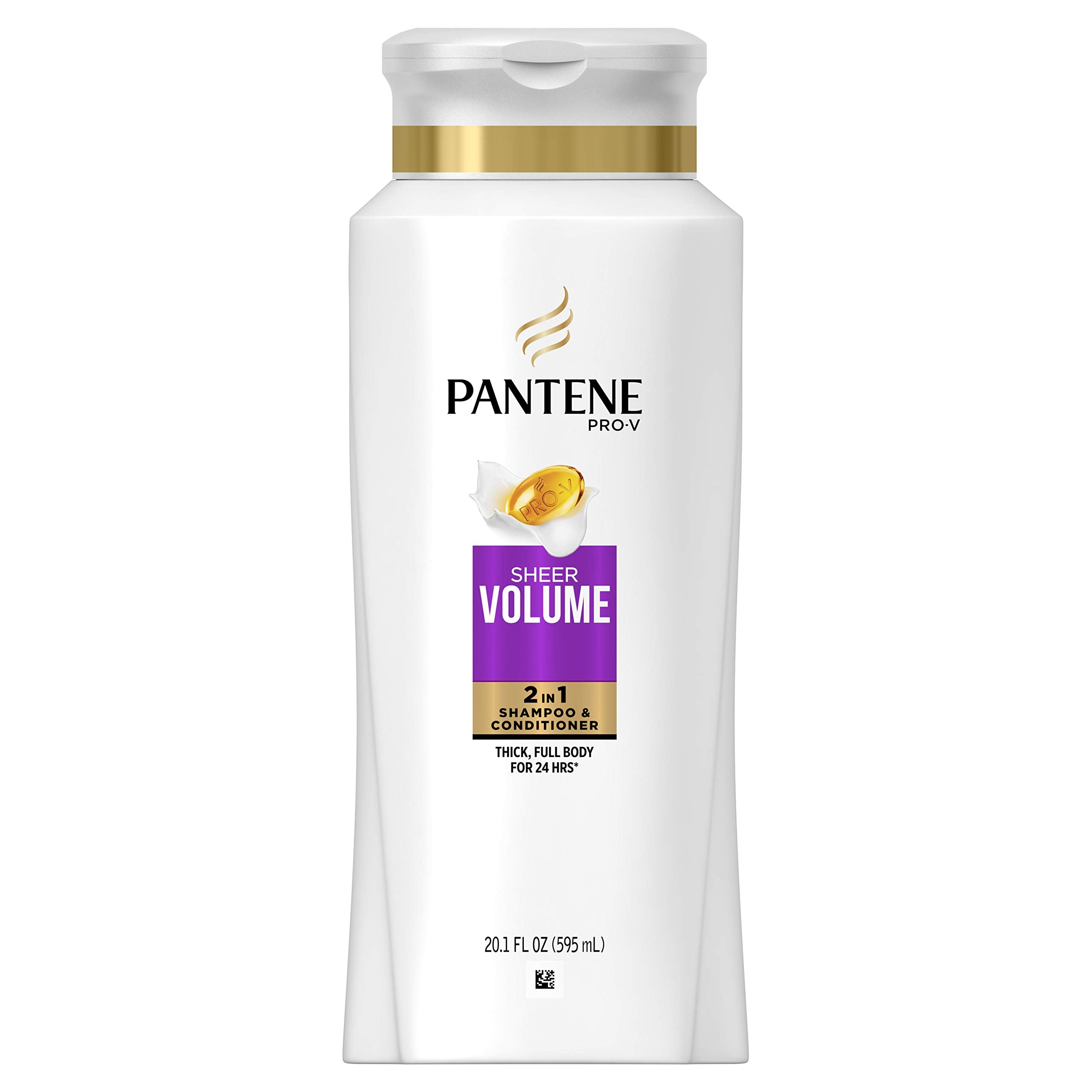 Pantene Pro-V Sheer Volume bottle pour demonstrates smooth rinse for voluminous hair