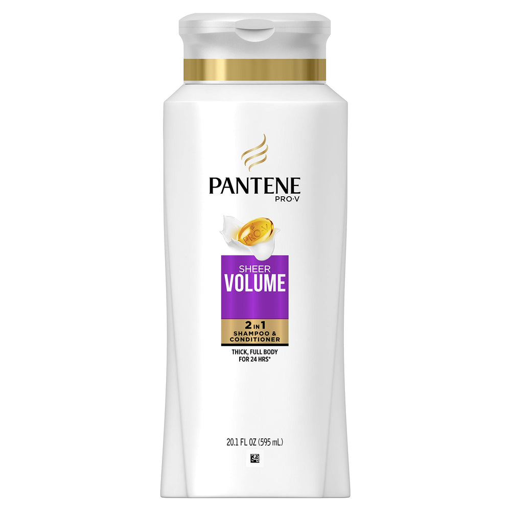 Pantene Pro-V Sheer Volume bottle pour demonstrates smooth rinse for voluminous hair