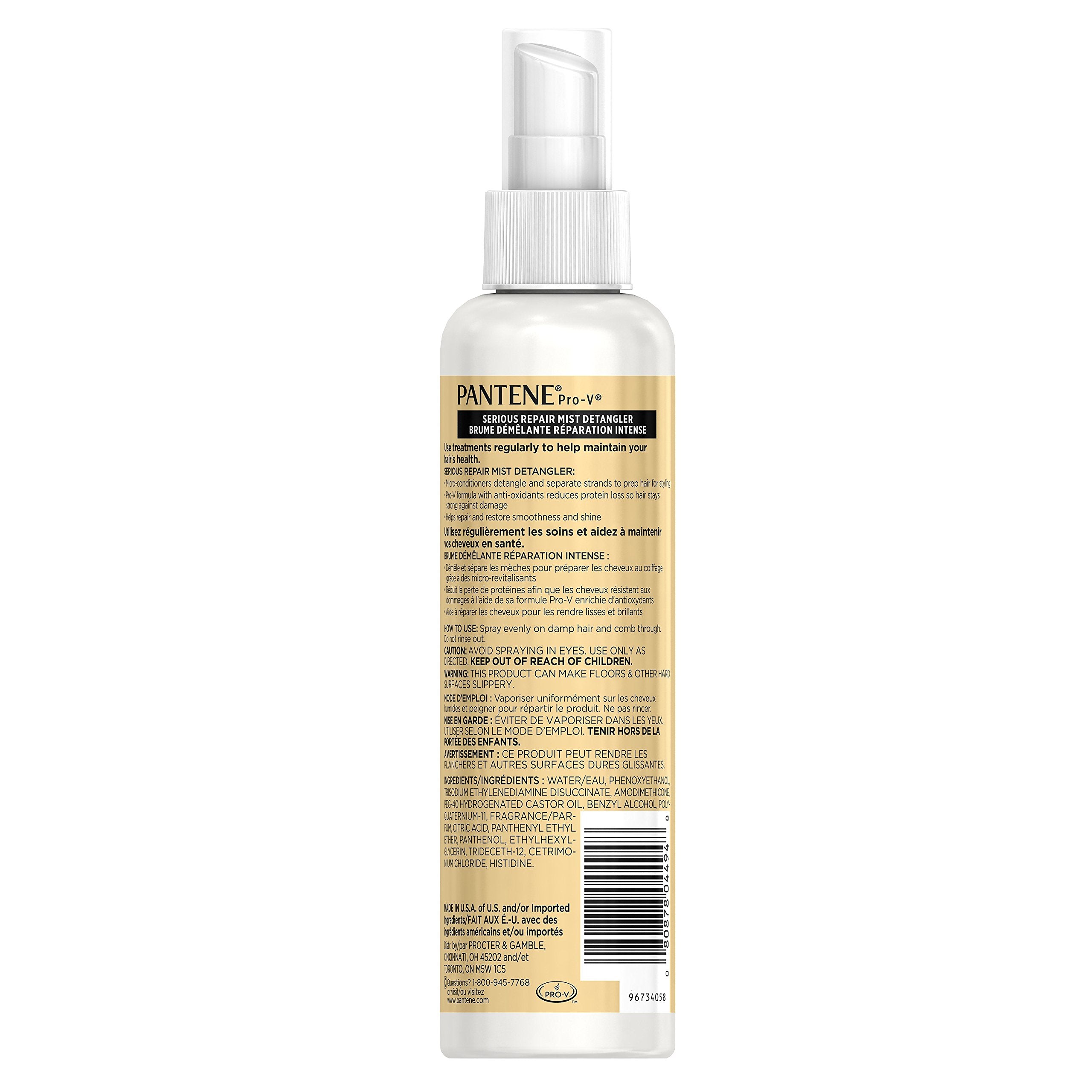 Close-up of Pantene Pro-V Silkening Detangler packaging showing the 8.50 oz bottle.