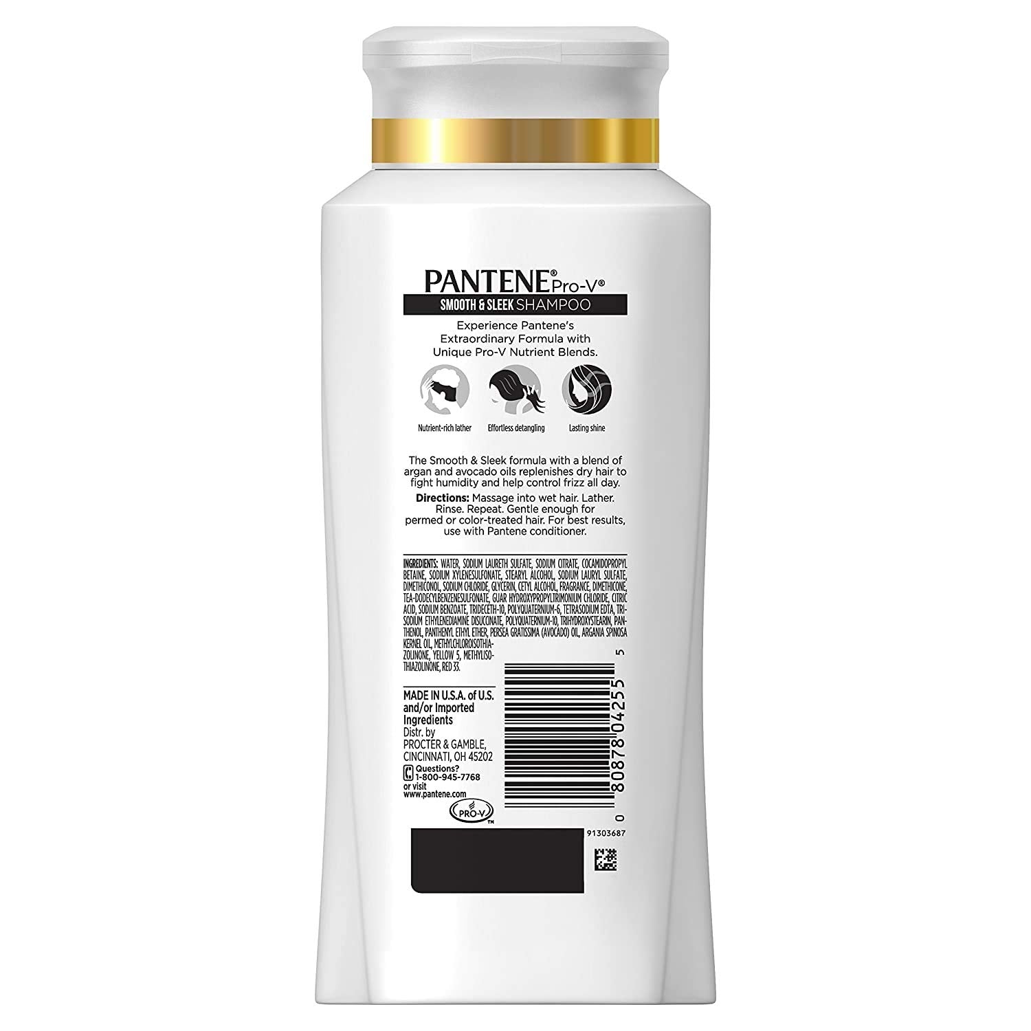 Pantene Pro-V Smooth & Sleek product on display showing nutrient-rich lather.
