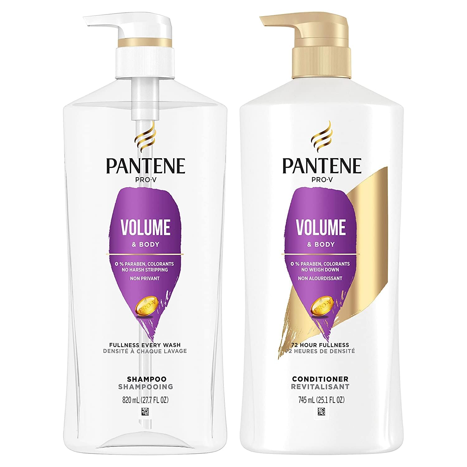 Pantene Pro-V Volume & Body Shampoo bottle pour showing lightweight fullness for fine hair