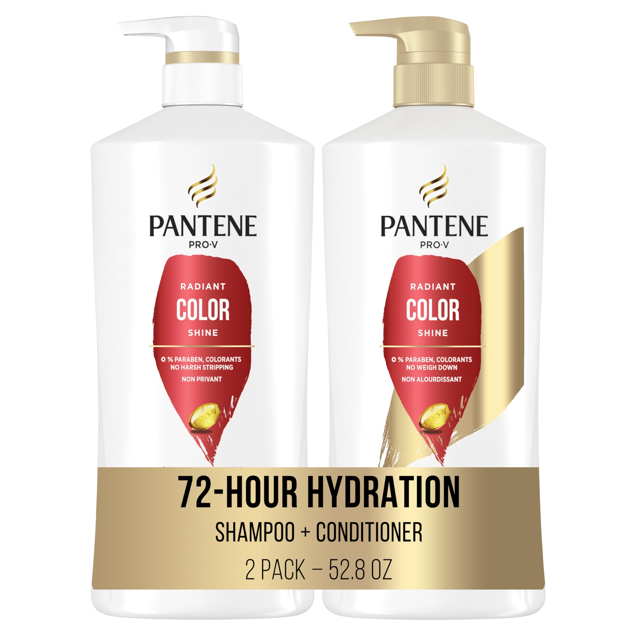Pantene Radiant Color Shine shampoo bottle showing color-safe cleansing for vibrant, hydrated hair
