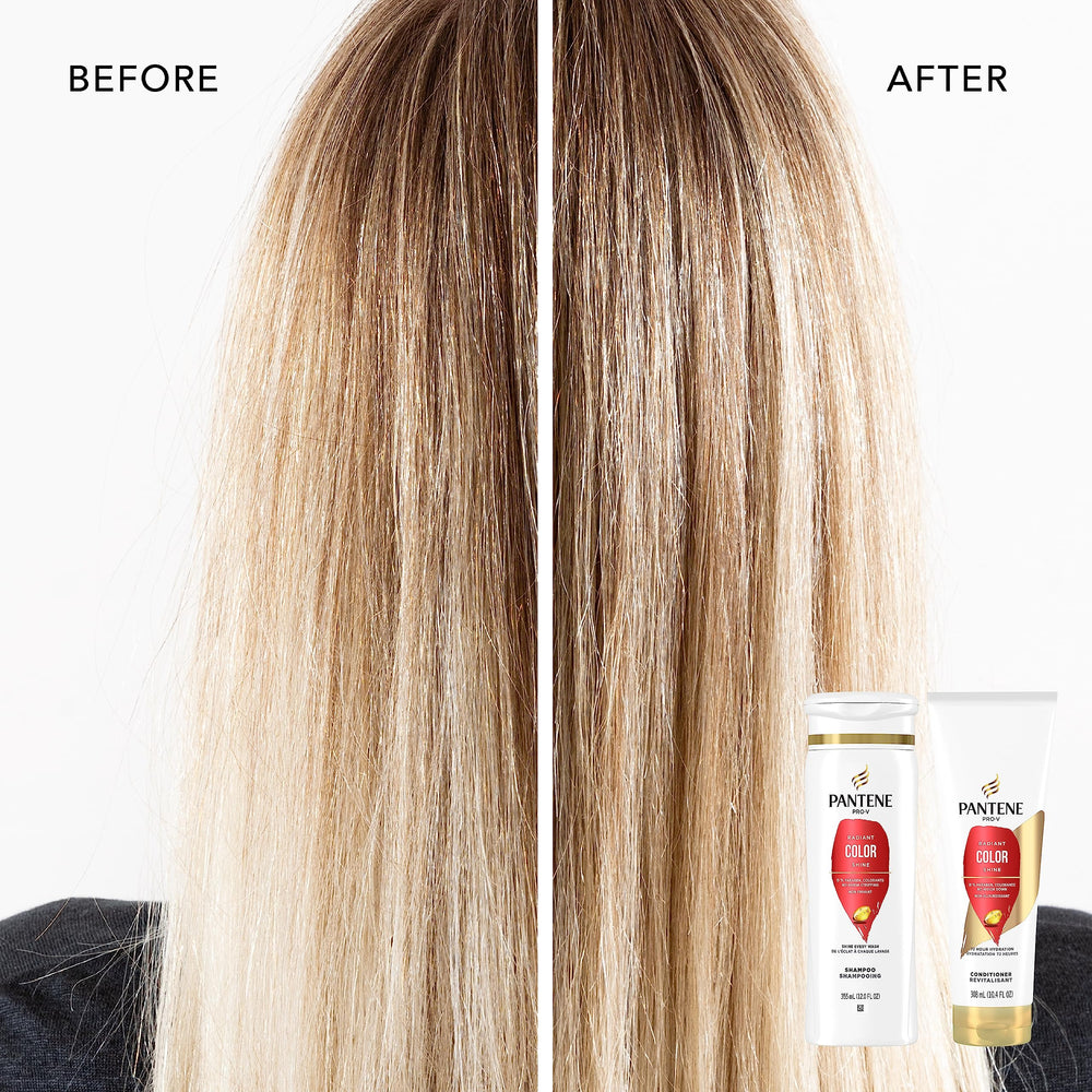 Pantene Radiant Color Shine Shampoo bottle with two nutrient boost supports color vibrancy