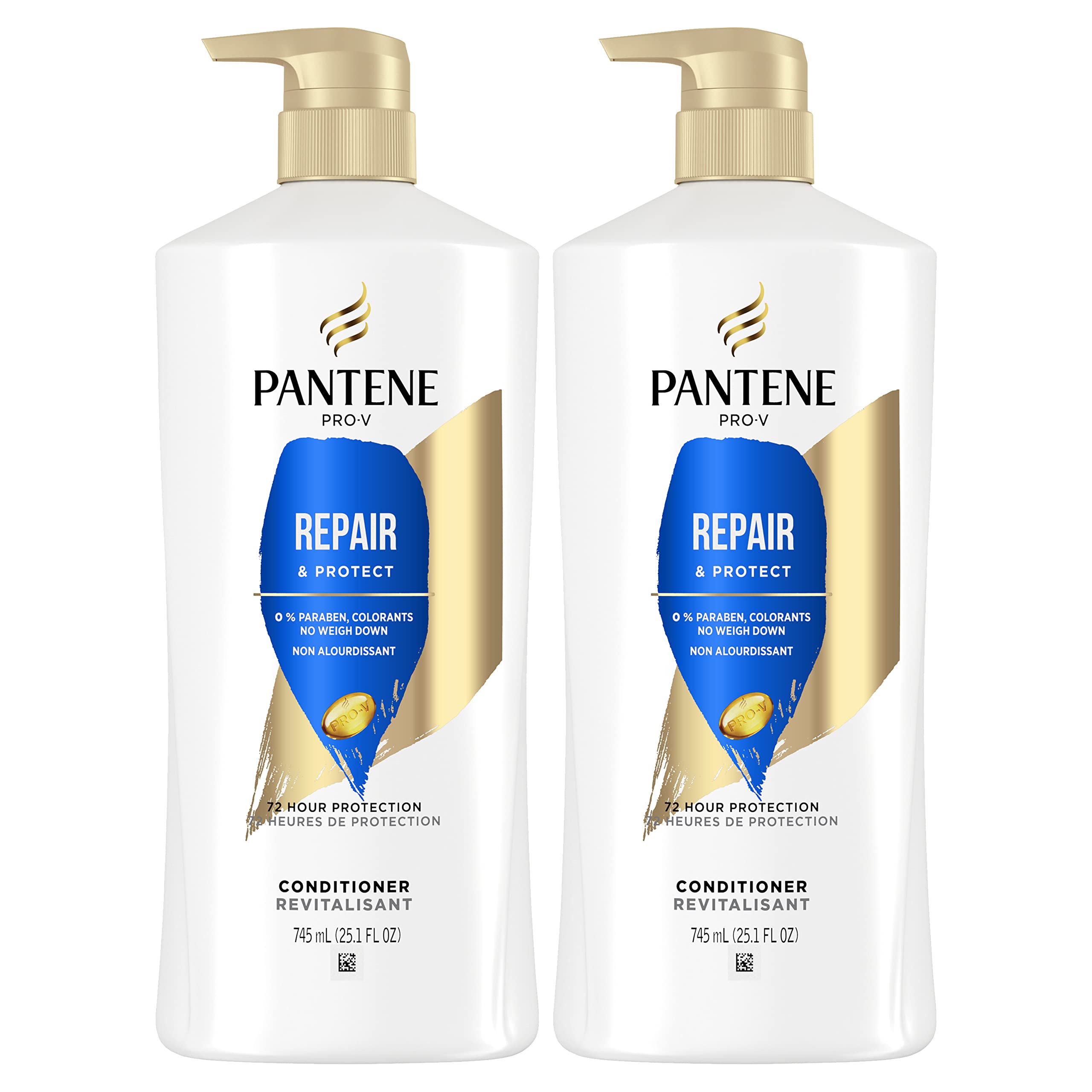 Pantene Repair & Protect conditioner bottle with Pro-V strengthens hair against damage.