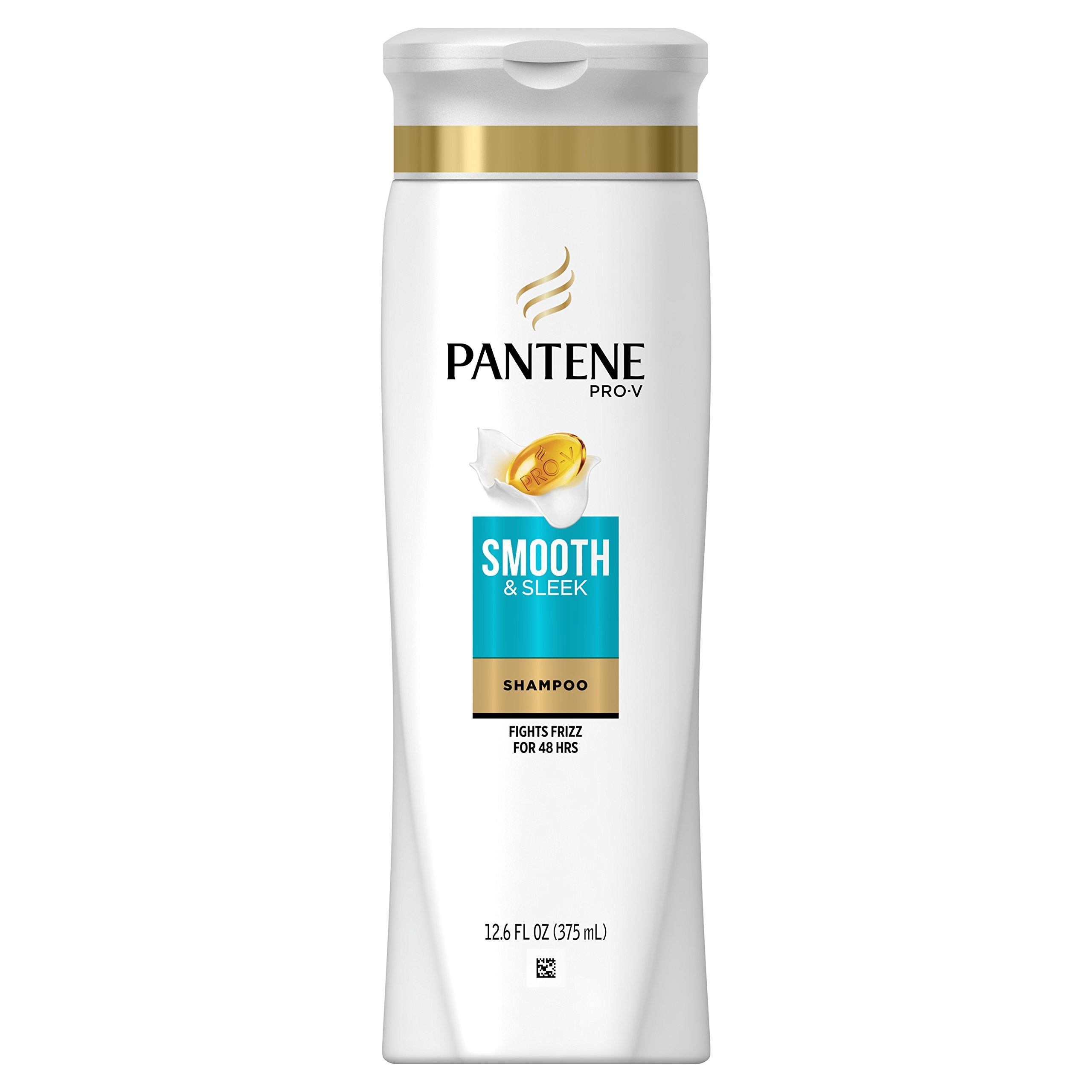 Pantene Smooth & Sleek shampoo bottle pour for quick frizz defense.