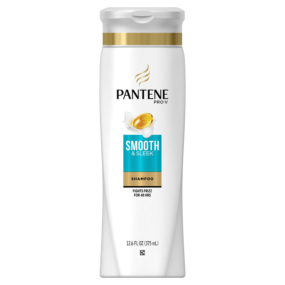 Pantene Smooth & Sleek shampoo bottle pour for quick frizz defense.