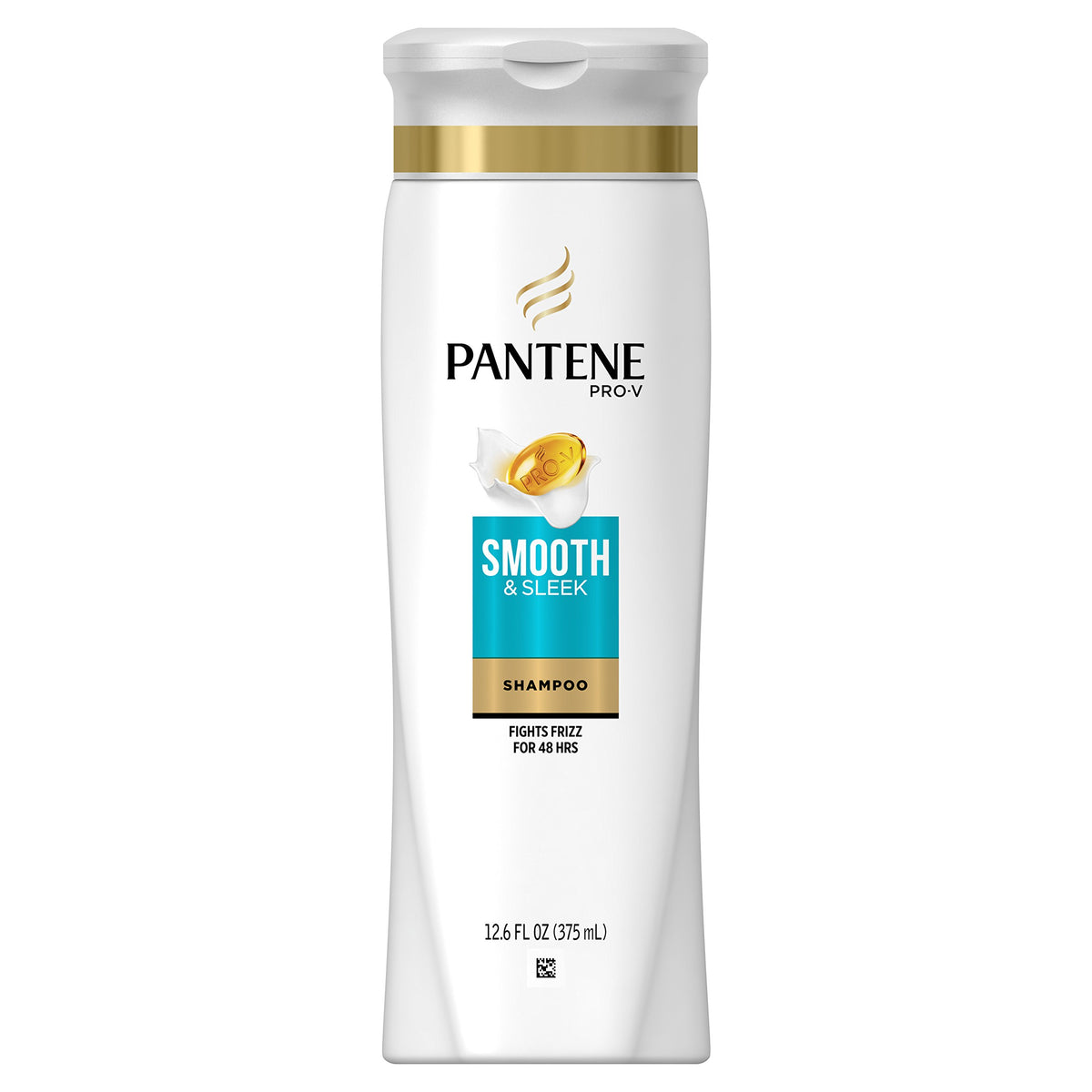 Pantene Smooth & Sleek shampoo bottle pour for quick frizz defense.