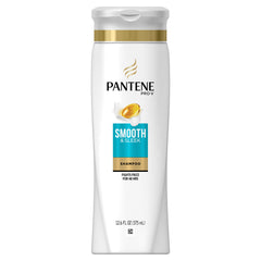 Pantene Smooth & Sleek shampoo bottle pour for quick frizz defense.