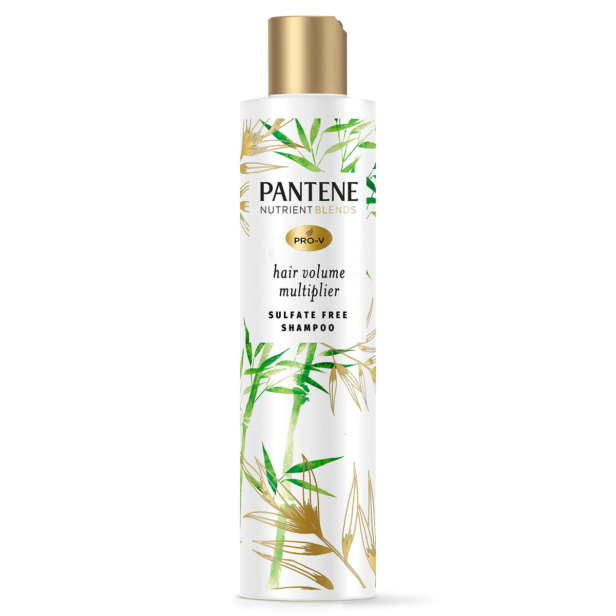 Pantene sulfate-free bamboo shampoo bottle demonstrates volumizing boost for fine hair.