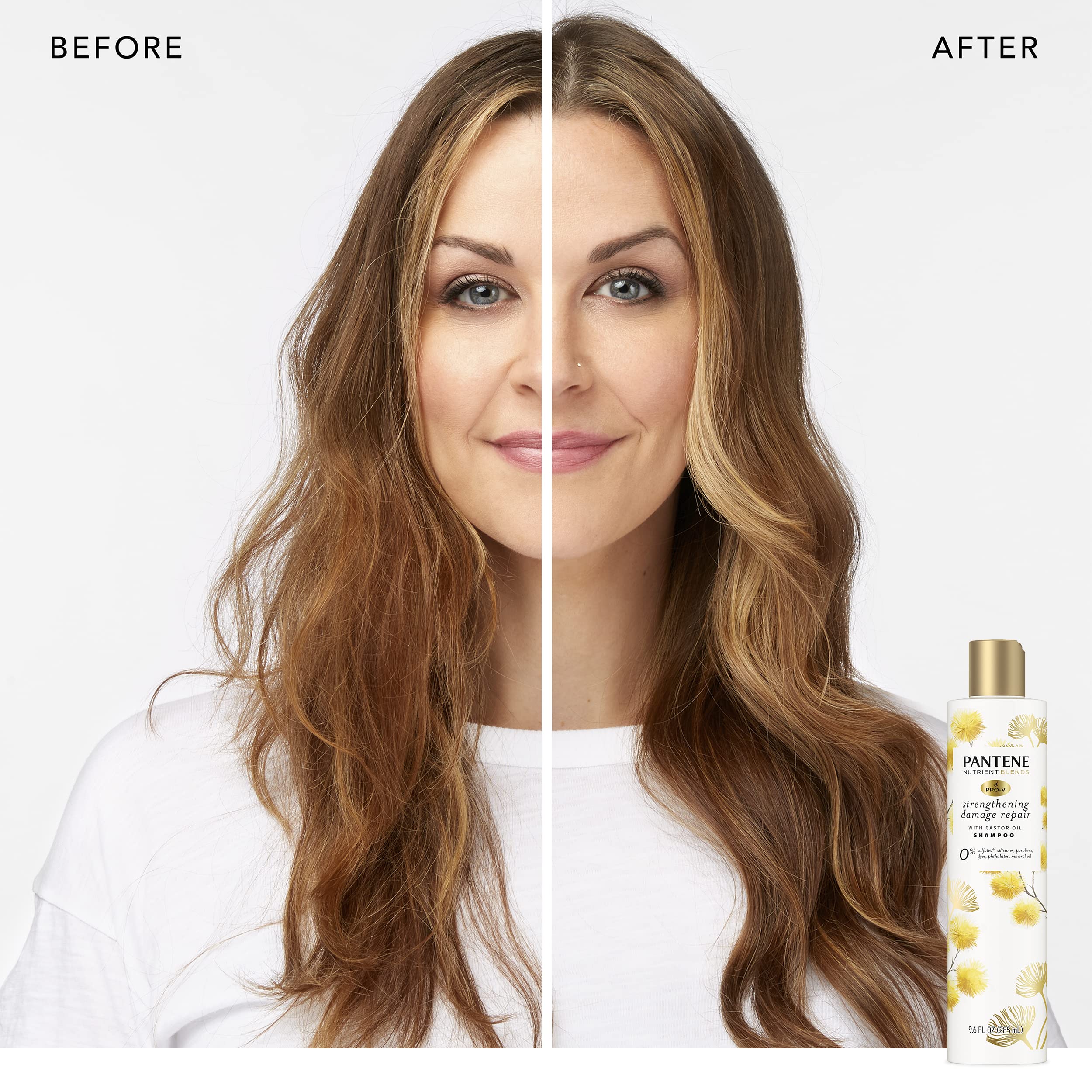 Pantene sulfate-free shampoo bottle pour highlighting easy application and shine.