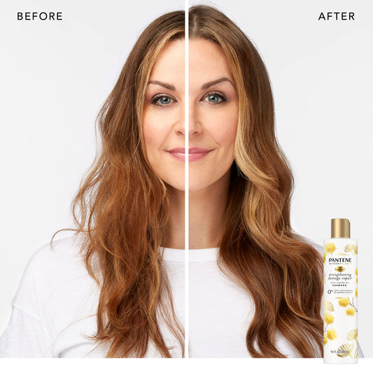 Pantene sulfate-free shampoo bottle pour highlighting easy application and shine.