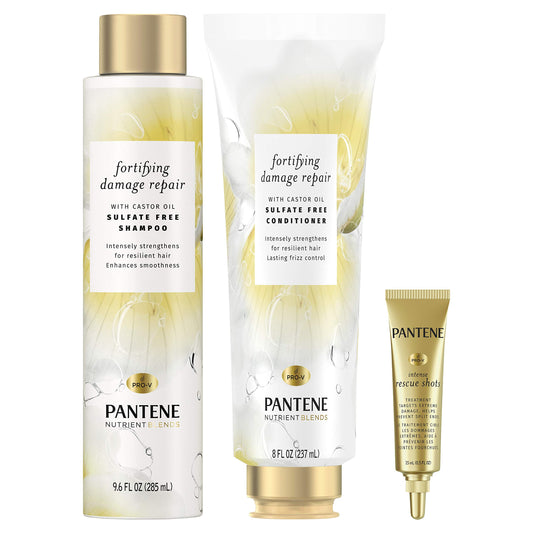 Pantene sulfate-free shampoo and conditioner with castor oil for color-safe hair care.