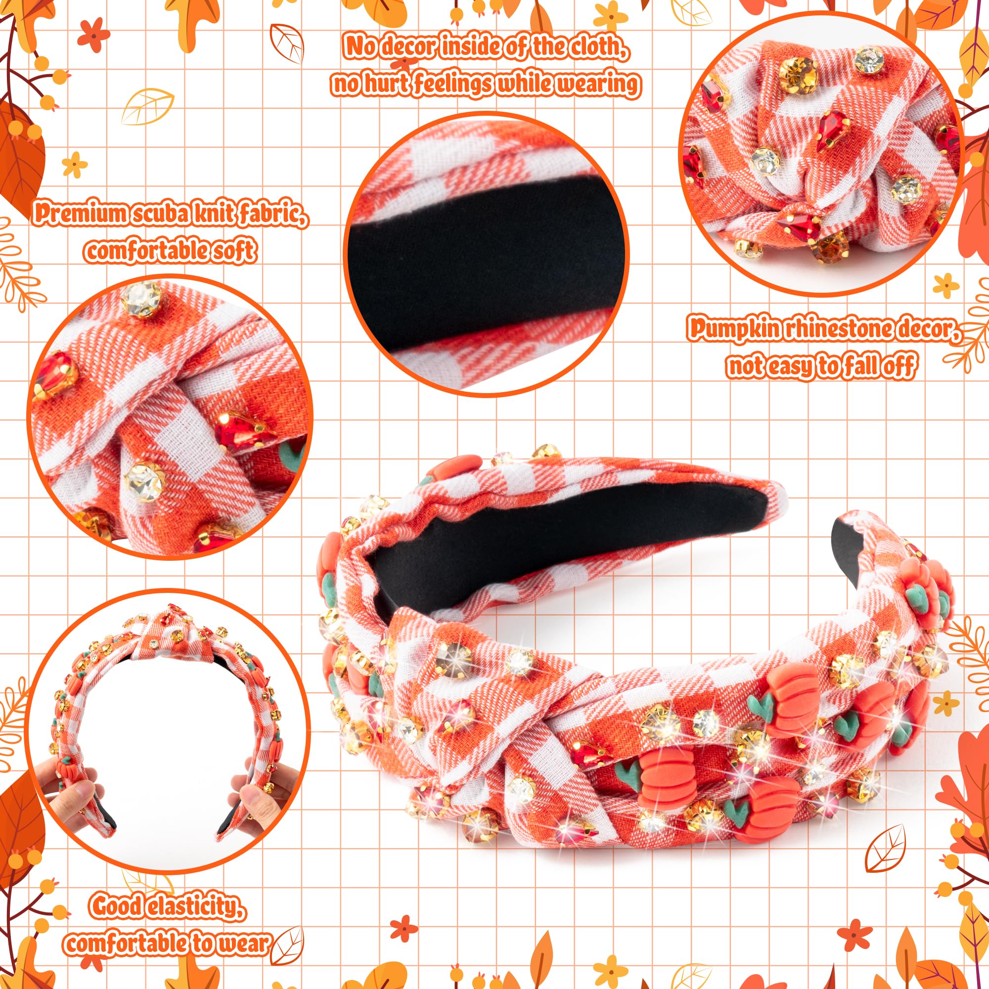 The fall hair accessory features rhinestones and pumpkin accents for seasonal flair.
