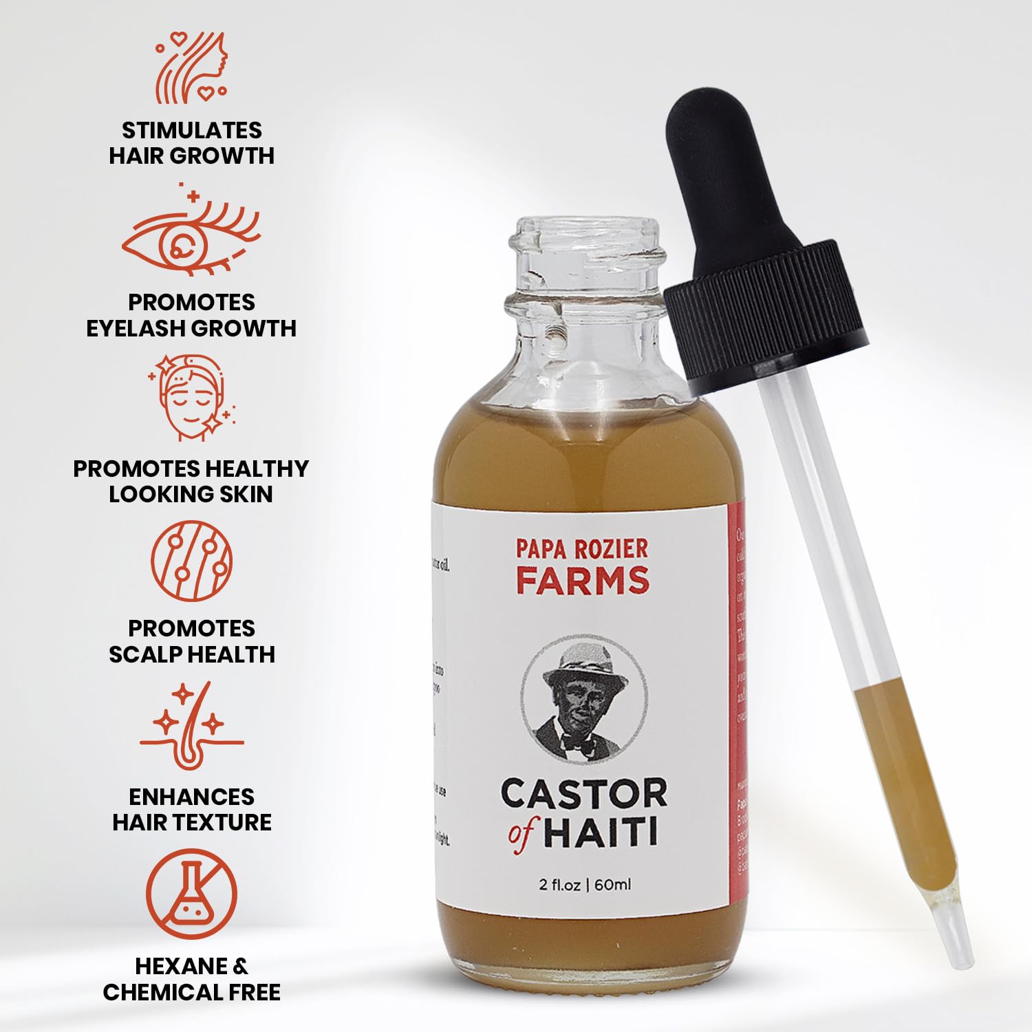 Close-up of Papa Rozier Farms castor oil pour for easy daily application.