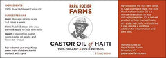 Papa Rozier Farms vegan organic oil bottle emphasizes pure ingredients.