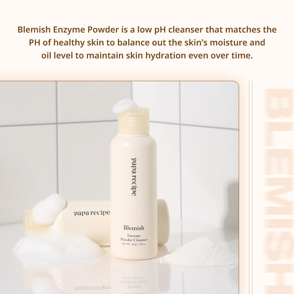 Papa Recipe blemish enzyme powder rice-cleanser close-up highlights rice powder texture for gentle exfoliation