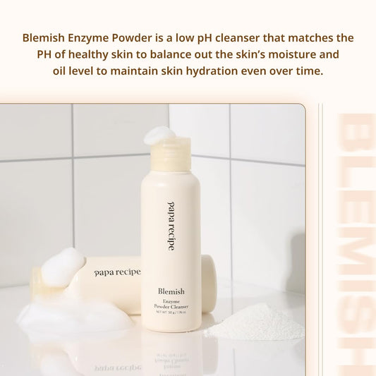 Papa Recipe blemish enzyme powder rice-cleanser close-up highlights rice powder texture for gentle exfoliation