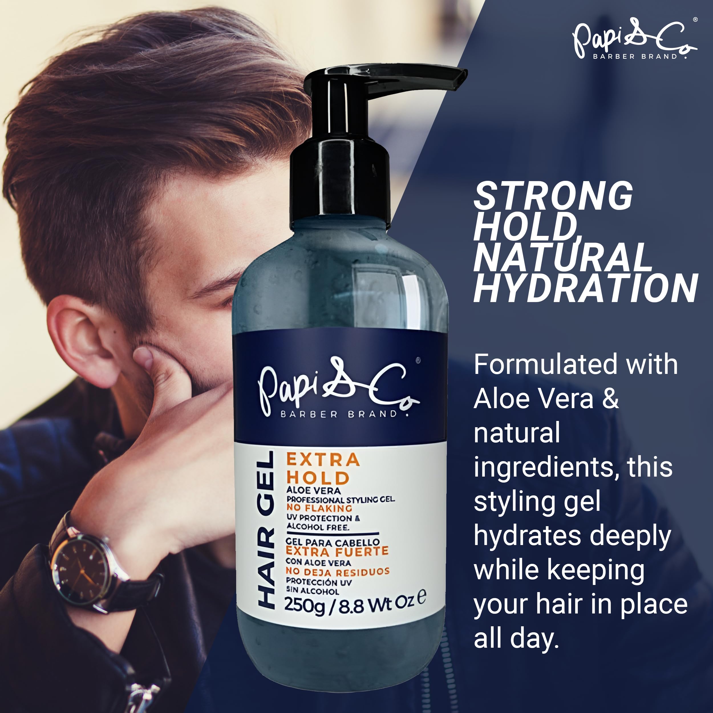PAPI & CO hair gel clear formula delivers a smooth, flake-free finish without stiffness