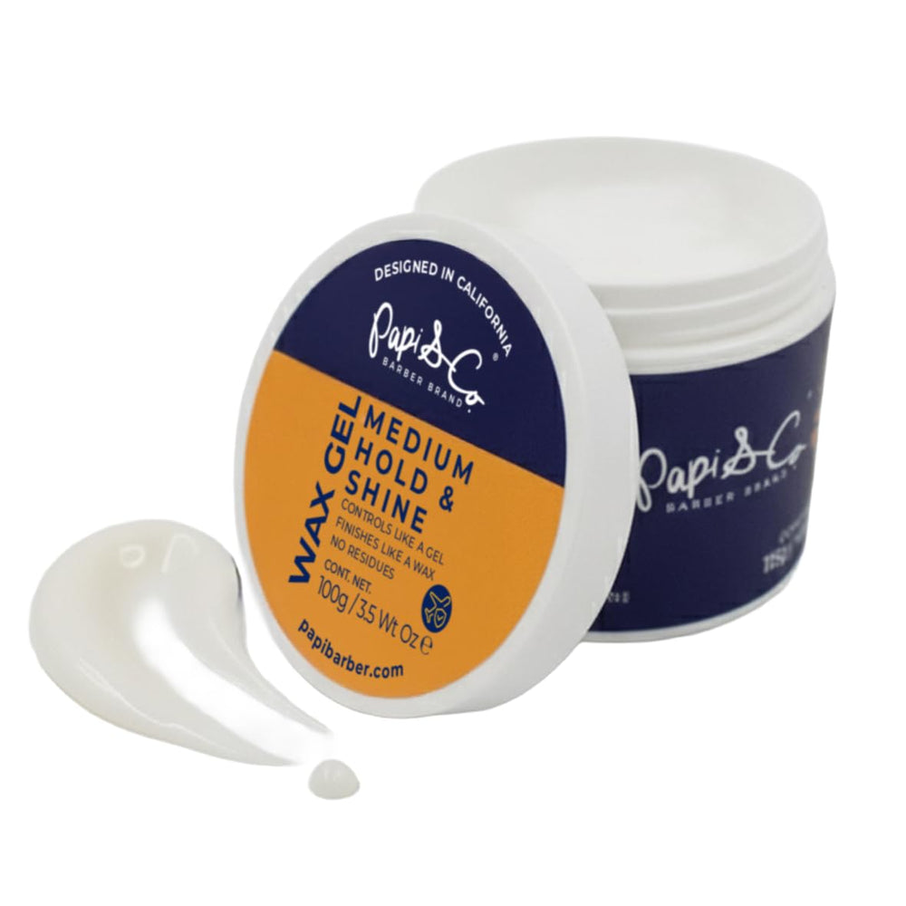 PAPI & CO Wax Hair Gel bottle close-up showing versatile medium-hold finish.