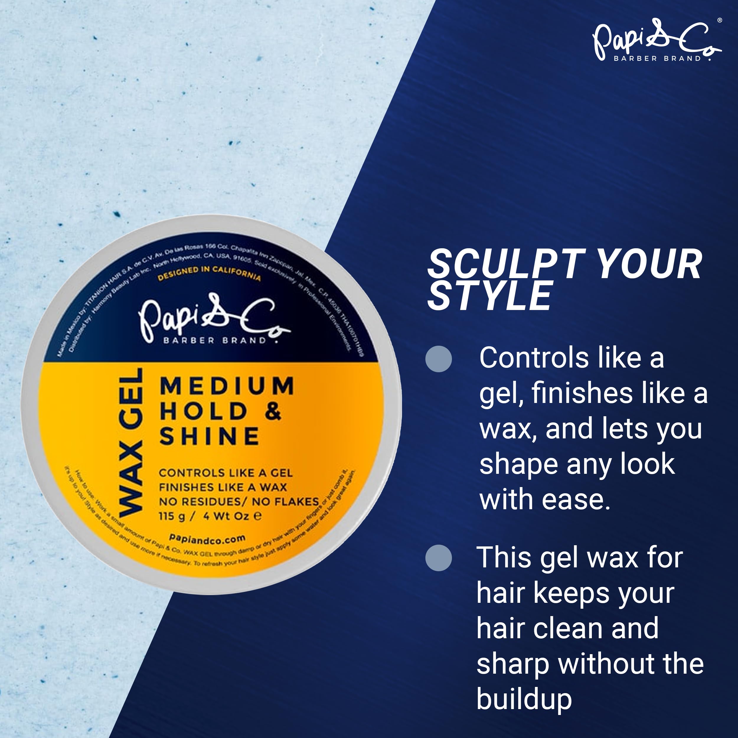 PAPI & CO Wax Hair Gel jar front highlighting clean, natural look.