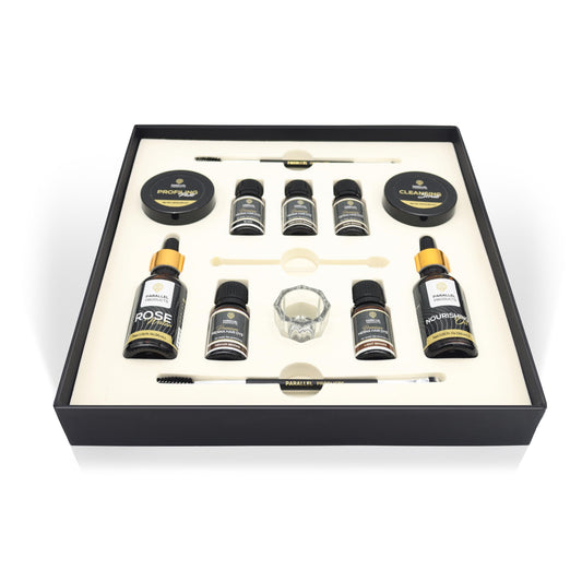 Color range bottles from light brown to black for flexible shade matching