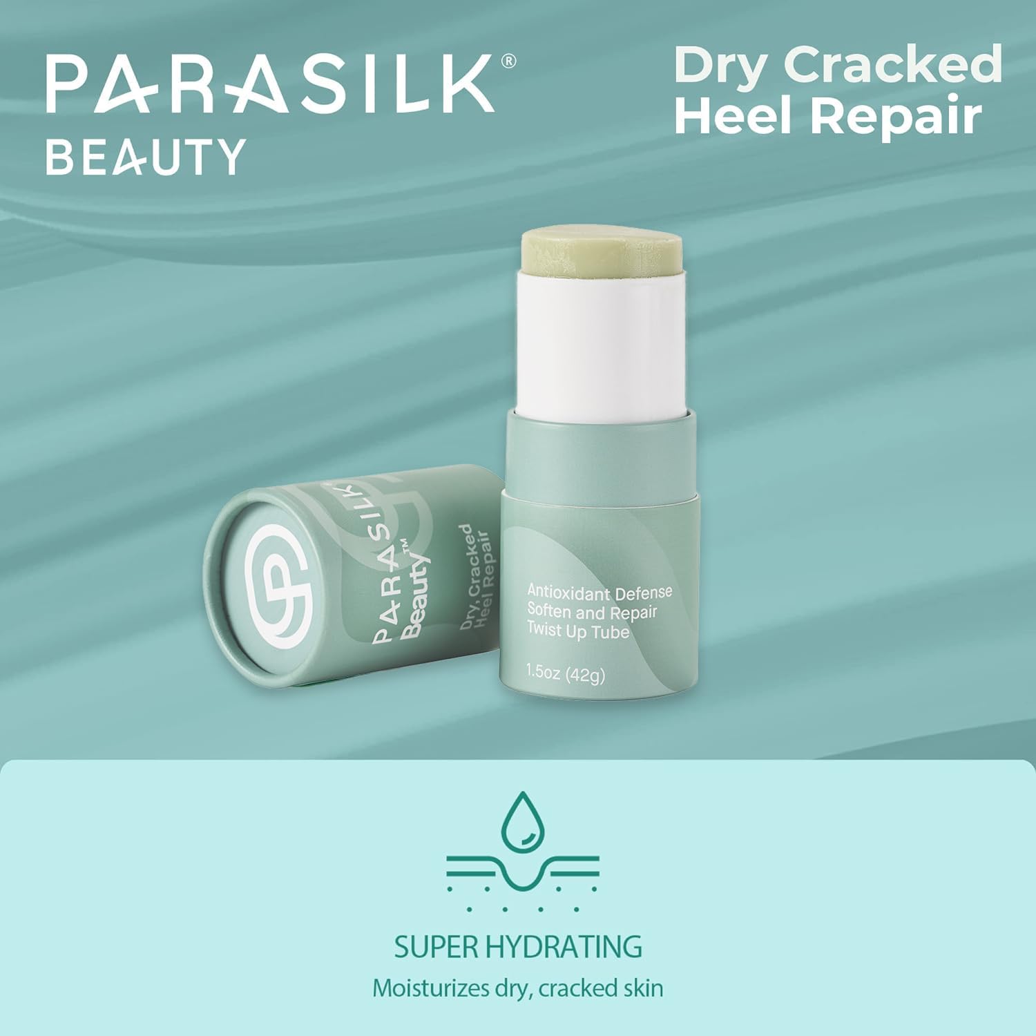 Parasilk Heel Repair Stick application closeup showing rich, moisturizing texture.