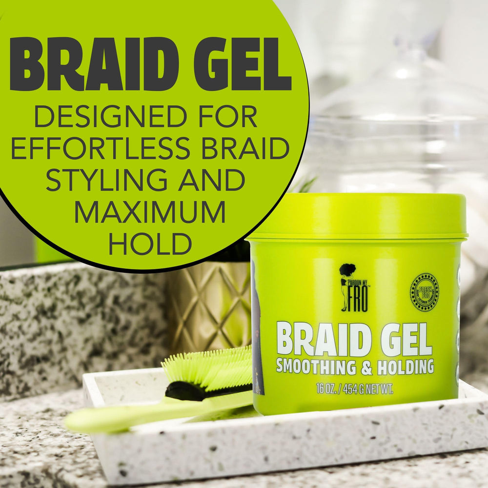 Hands applying Pardon My Fro gel for even braid formation.