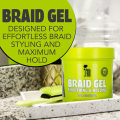 Hands applying Pardon My Fro gel for even braid formation.