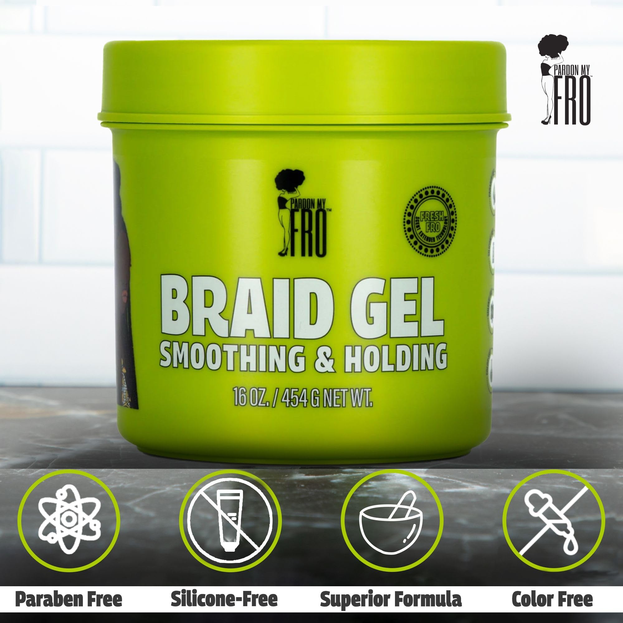 Pardon My Fro gel calms frizz for polished, long-lasting looks.