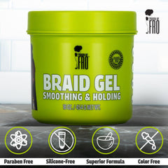 Pardon My Fro gel calms frizz for polished, long-lasting looks.