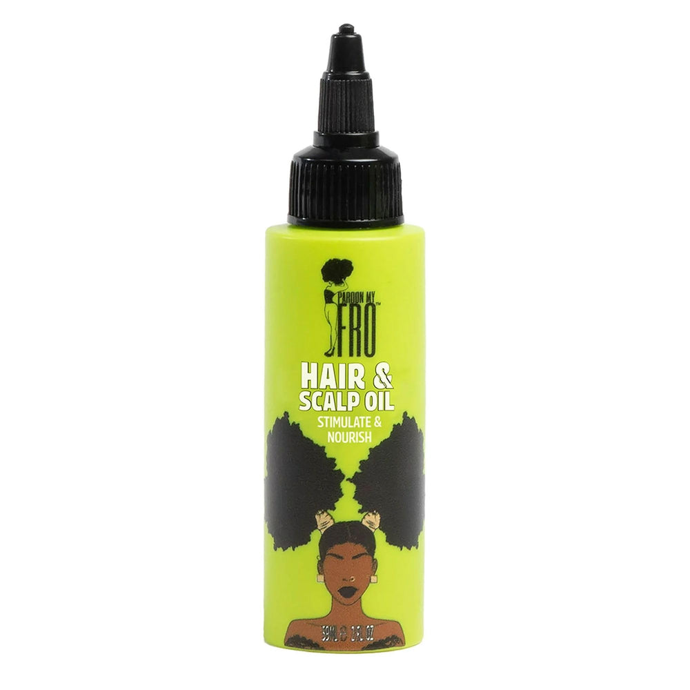 Pardon My Fro hair oil bottle highlighting a hydrating formula for curls and scalp