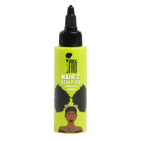 Pardon My Fro hair oil bottle highlighting a hydrating formula for curls and scalp