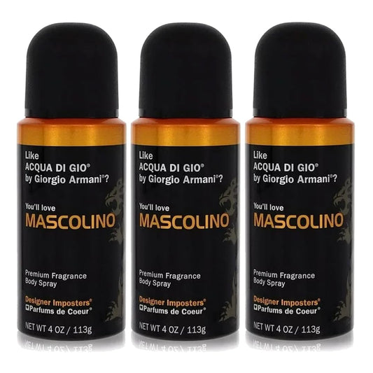 Parfums De Coeur Mascolino body spray bottle for daily wear and confident scent.