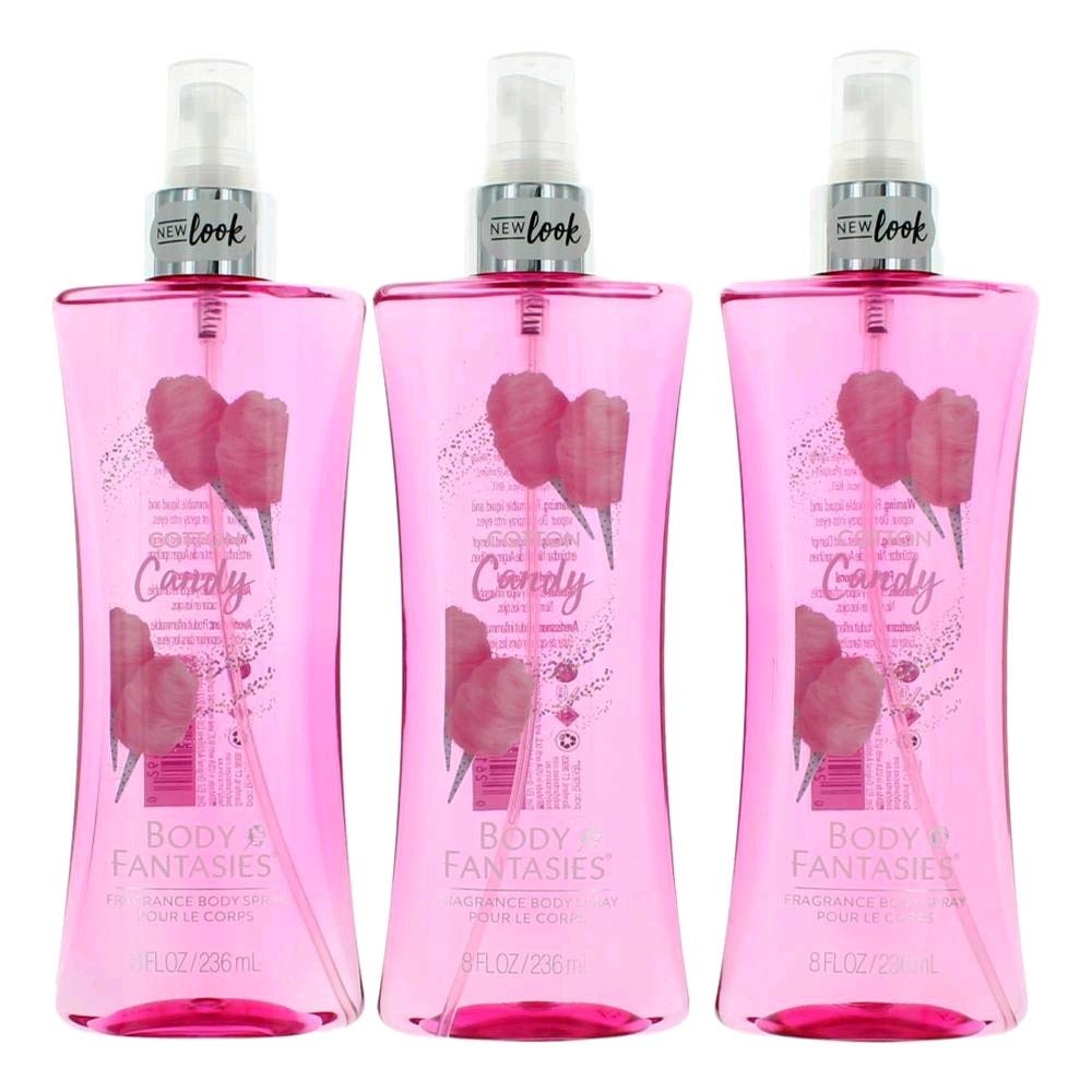 Parfums De Coeur Cotton Candy Body Fantasies spray bottle, three-pack, 8 oz, fresh sweet scent.