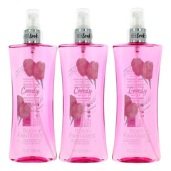 Parfums De Coeur Cotton Candy Body Fantasies spray bottle, three-pack, 8 oz, fresh sweet scent.