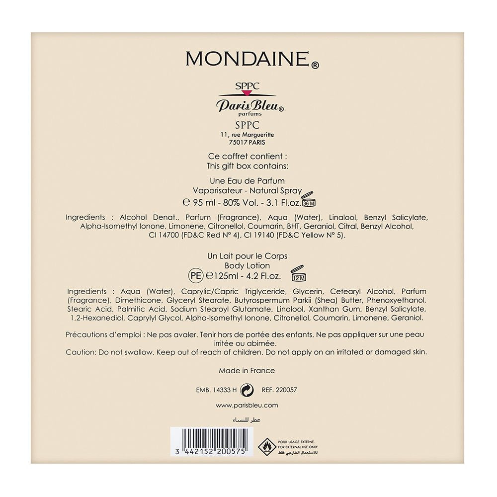 Paris Bleu Mondaine lotion bottle demonstrates creamy texture for smooth skin and lasting scent