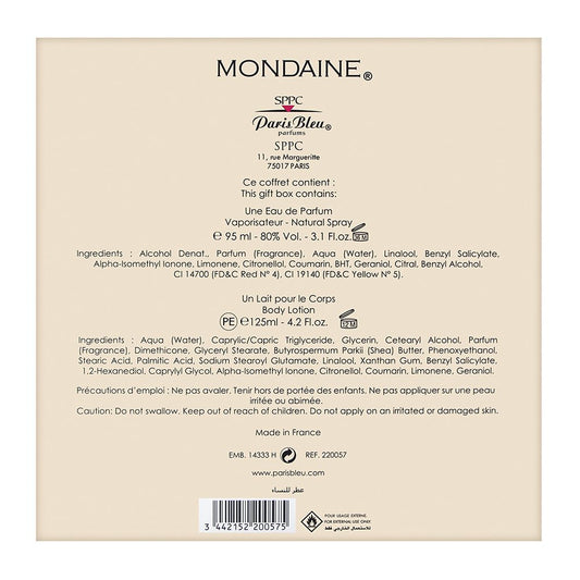 Paris Bleu Mondaine lotion bottle demonstrates creamy texture for smooth skin and lasting scent