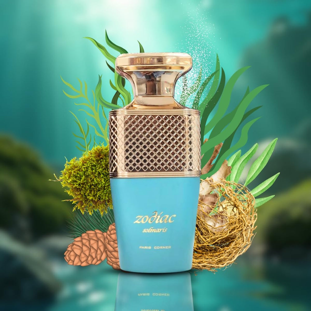 Paris Corner Zodiac Solmaris sea salt note near aquatic heart, evoking coastal calm.
