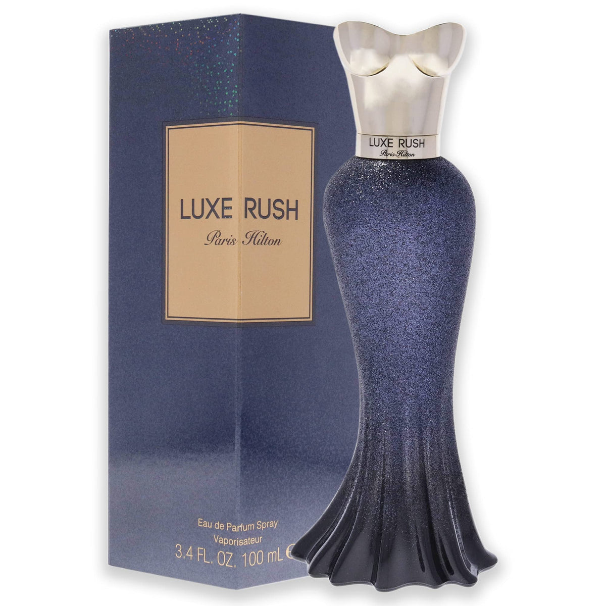 Paris Hilton Luxe Rush bottle pour shows an amber floral fragrance for daily wear.