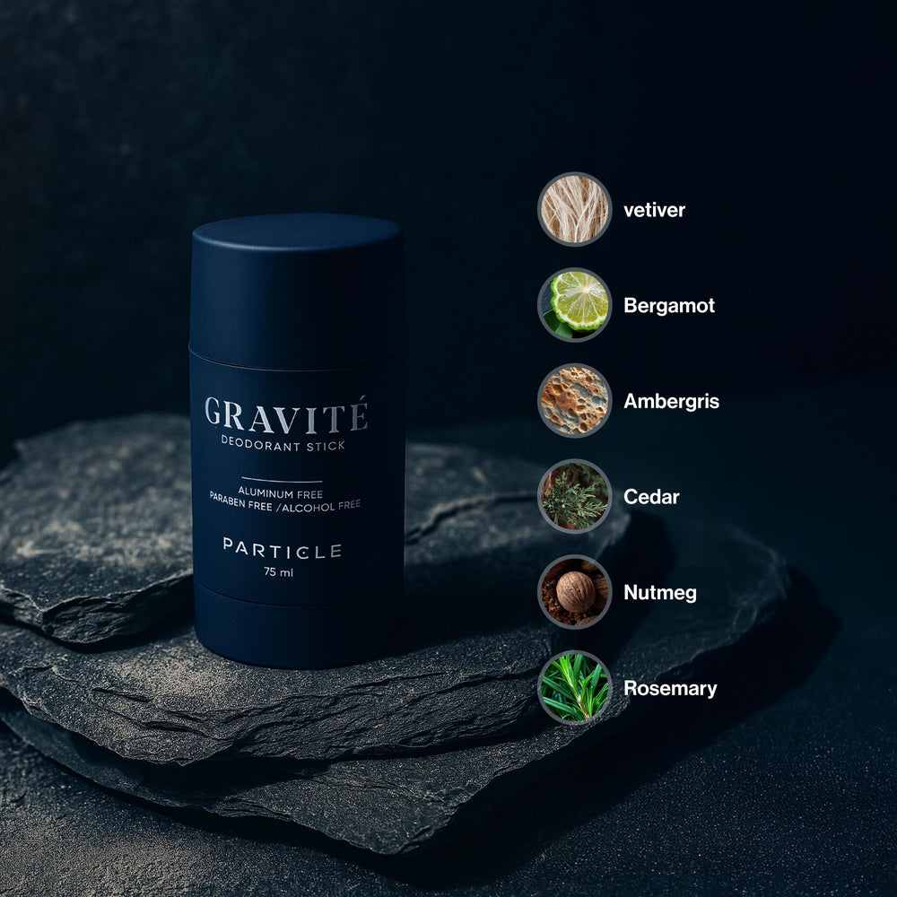 Particle Gravite Deodorant application on arm demonstrates easy daily touch-ups.