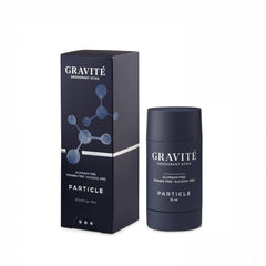 Particle Gravite Deodorant bottle closeup showing sleek design and lasting freshness.