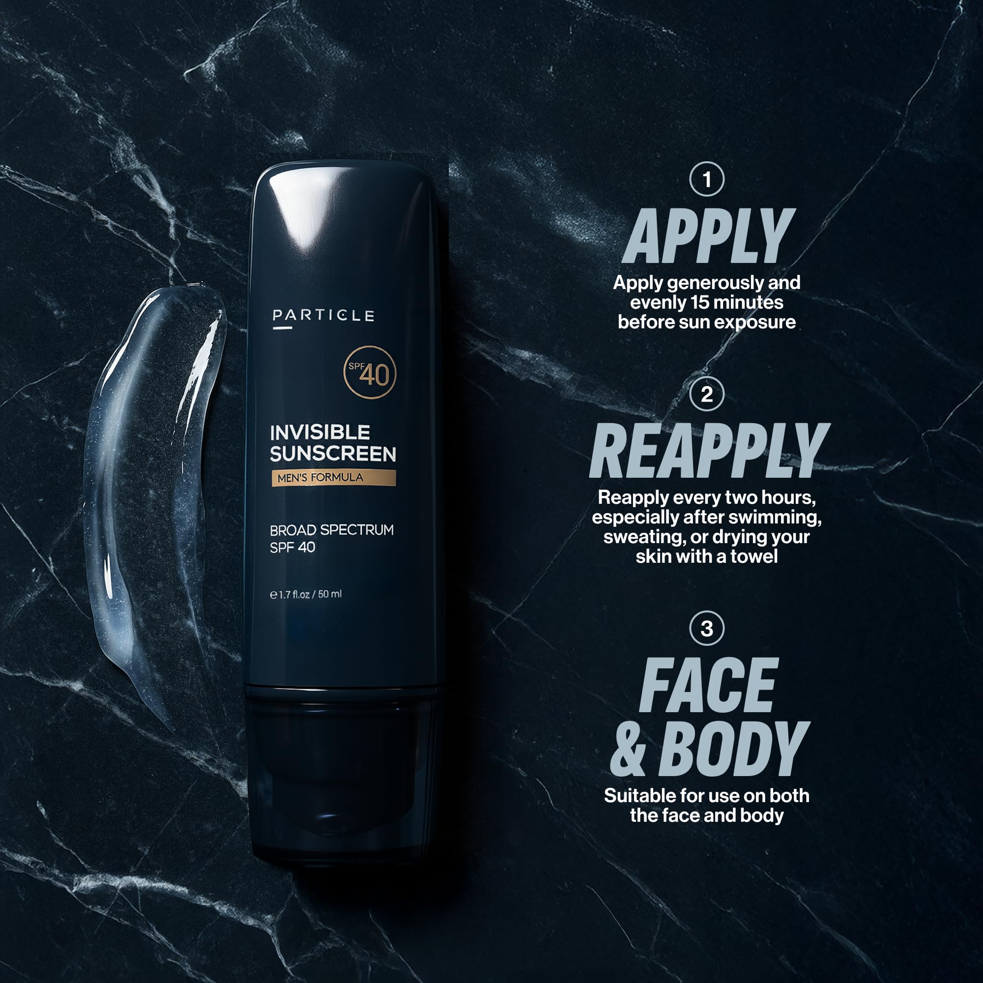 Particle Invisible Sunscreen provides SPF 40 broad-spectrum protection during outdoor activities.