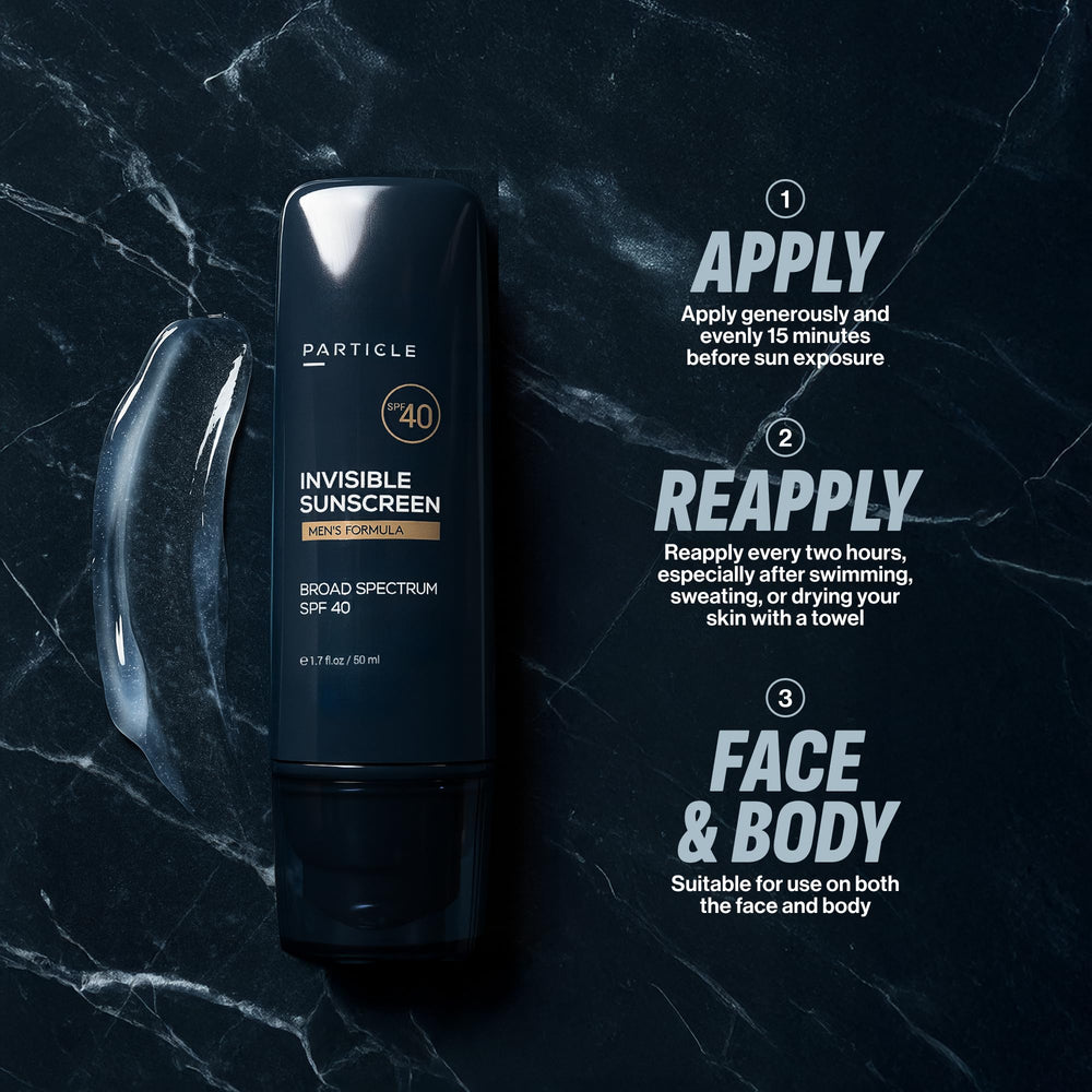 Particle Invisible Sunscreen provides SPF 40 broad-spectrum protection during outdoor activities.