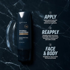 Particle Invisible Sunscreen provides SPF 40 broad-spectrum protection during outdoor activities.